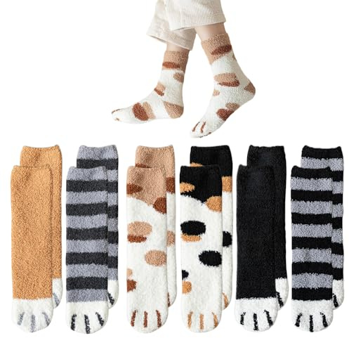 6 Pares de Calcetines de Peluche Con Garras de Gato, Cálidos de Invierno, Mullidos y Gruesos Para Mujer, Resistentes al Frío, Adecuados