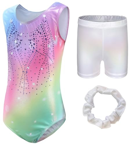 SEAUR Set med gymnastikdräkt, gymnastikshorts och hårsnodd, för flickor, barn, gymnastik, tröja, shorts, ärmlösa/långärmade danskläder, 7-8 År