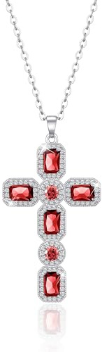 Linawe Red Cross Necklace for Women, Garnet Ruby Silver Jewellery, Crystal Imitation Diamond Birthstone Cubic Zirconia Rhinestone Cross Charm Pendant Chain Necklace