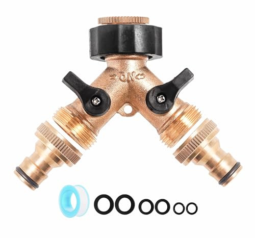 YAAVAAW Brass Garden Hose Splitter 2 Way Tap Hose Connectors with Valve, Outside Garden Tap Splitter 2 Way for G 1/2 and 3/4 inch Tap Adapter, Double Hose Tap Connector for Hose Pipe