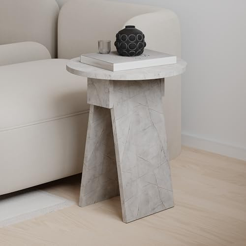 HOCUS PICUS Side Table Round Shape Top Engineered Wood, Gold Marble Effect | 2 Legs Sofa, Coffee and Service Table Living Room, Office, Bedroom, 42x42x50cm