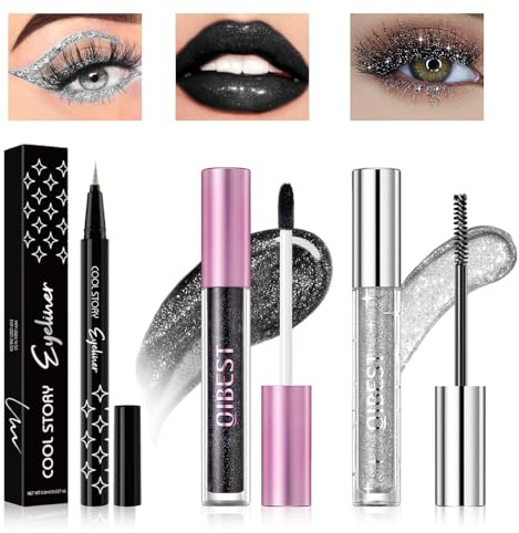 Likesing 3 Stück Glitzer Lippenstift Schwarzer Eyeliner Mascara Set Lipgloss 24 Stunden Halt Wimperntusche Lipstick Lip Gloss Long Lasting Lippenstift Schwarz Eyeliner Lip Balm Make up Damen Geschenk
