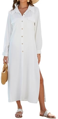 Bsubseach Damen Bademode Cover Ups Langarm Knopf Hemdkleid Strand Cover Up Kimono Beachwear Urlaub