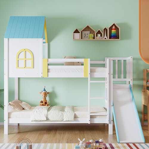 KecDuey Litera de 90 x 200 cm, Cama Infantil con Techo y Ventana, Litera con Tobogán, Pino y Tablero de Madera, Blanco y Azul