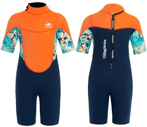 Gogokids Kids Shorty Wetsuit, 2.5mm SCR Neoprene Wetsuits for Toddlers, Back Zipper Children's Short Wet Suits Comfort & Warmth, UV Wetsuit for Swimming, Snorkelling & Surfing, Ages 3-4 Boys, Orange
