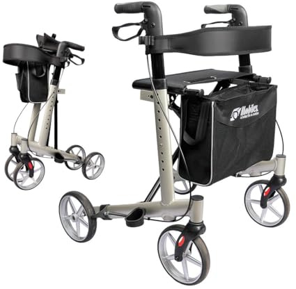 Mobilex Panther 2 Rollator, Aluminium Leichtgewicht 6,8 kg, Faltbar, mit Rückengurt und Tasche, bis 150 kg belastbar, Silber-Schwarz