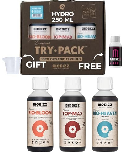 GROWMANIA Trypack Hydro Biobizz + Campione Boost Up Nutrients + Misurino | Fertilizzante Bio Bloom, Top Max e Bio Heaven per piante e colture | Stimolazione della crescita