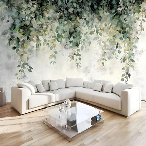 MIATCENRT Papier Peint Panoramique Aquarelle, 396X280Cm (L×H) Revêtement Mural Décoration Pour Chambre Salon, Design Moderne Forêt Feuilles Vertes Papier Peint Tapisserie Poster Mural