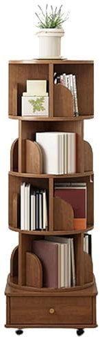 360 Grad drehbarer Bücherturm mit Schublade und Schwenkrädern, brauner Holzboden-Standregal, Aufbewahrungsregal mit drehbarem Design