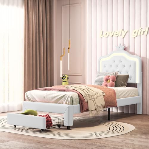 KEFSR Tapizada de 90 x 200 cm con LED, Marco de Corona con Somier de Láminas y Cajones, Cabecero Ajustable, Cama para Niñas Sin Colchón (Beige+PU)