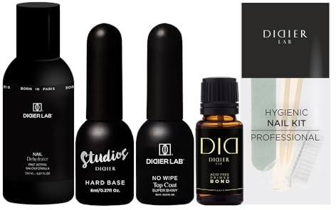 DIDIER LAB Premium Gel Nail Polish Starter Set - Nail Dehydrator and Acid Free Nail Primer - Fiber Hard Base Coat and No Wipe Gel Top Coat Super Shiny - Hygienic Manicure Nail Kit - TPO Free