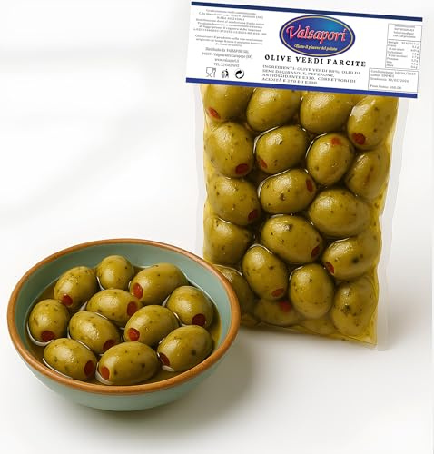 Valsapori - Olive Verdi Farcite (500g) – Specialità Italiana Gourmet con Peperone, Ideali per Aperitivi, Antipasti e Insalate – Croccanti, Gustose, Senza Conservanti Aggiunti (Olive Verdi Farcite)
