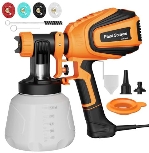 Spruzzatore di vernice HVLP 700 W, Spruzzatore Elettrico con Contenitore da 1200 ml, Portata 1000 ml/min, 4 Ugelli e 3 Modelli di Spruzzo, Flusso Regolabile, Inclusi Ugelli di Pulizia e Soffiaggio