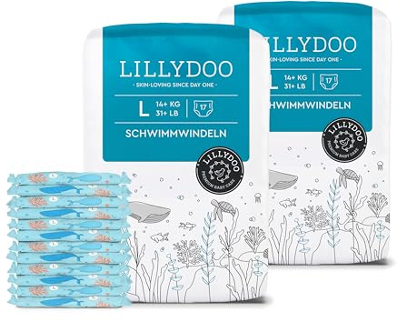 LILLYDOO Baby Einweg-Schwimmwindeln,Größe L (14+ kg),2 Packungen (34 Stück) | mit Unterwasser-Design, hautfreundliche Windeln für sicheren Schutz im Wasser
