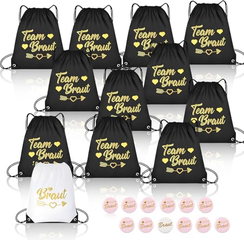 12 Stück Braut Team Bride Kordelzug Turnbeutel mit 12 JGA Buttons | 34x42cm Junggesellenabschied Frauen Turnbeutel Set, Damen Team Bride Rucksack, Team Bride Tasche für Verlobung JGA Hochzeit