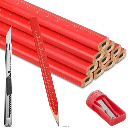 MDUPPE 20 Stück Zimmermannsbleistifte mit Anspitzer und Cuttermesser, Rote Holz Bleistifte für Baustelle, Handwerker und Schreiner – Markierstifte zum Anzeichnen, Messen und Bauprojekte