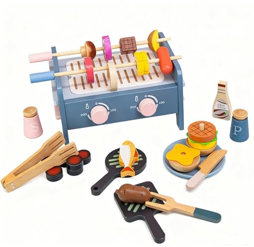 Benhurb Wooden Toys BBQ Grill Barbecue set, Toddler Wood Kitchen Toys | Play Food Accessories, Role Pretend Cooking Toy with Rotating Skewer, Birthday Christmas Gifts for 2 3 4 Year Old Girls Boys