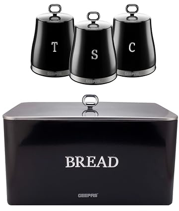 GEEPAS Retrovive Tea Coffee Sugar Canister & Bread Bin Set | 13L Bread Box 1.4L Airtight Canister Set | Carbon Steel Build Kitchen Counter Storage Space Saver | 2 Year Warranty Black