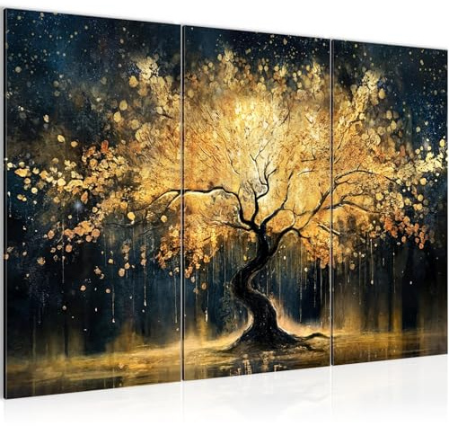 Runa Art Wandbilder Abstrakt Bild XXL Wohnzimmer Schlafzimmer Büro Baum leuchtend Goldfarben 40 x 80 cm - 3 Bilder 3 Teilig 056931a