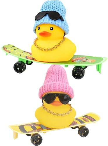 LAOYEFACAI 2 patitos de goma novios con sombrero y gafas de sol Pequeños accesorios de baño Figura decorativa de dibujos animados Monopatín Accesorio para coche Patitos de goma adorables (FL)