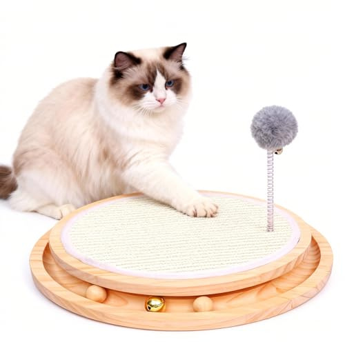 Kratzbrett für Katzen: Katzenkratzer Sisalmatte mit Katzenminze Bällen & Plüschkugeln, Rundes Holz Interaktives Katzenspielzeug Holz, Kratzspielzeug, Für die Jagd auf die Jagd Mental Physical Exercise