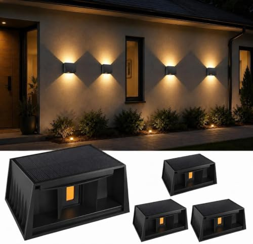 T-SUNUS Solar Wandleuchte Außen, Solarlampen für Außen Wand 3000K 4 Stück | Up and Down einstellbare Lichtstrahler, IP65 Wasserdicht, Solar Wandlampe für Hof Balkon Haus Deck Treppen Warmweiß