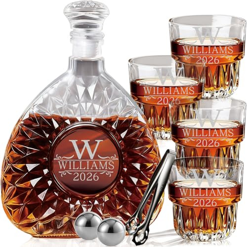 Juego de decantador de Whisky Personalizado, decantador de Licor Grabado Personalizado (18 onzas/26 onzas) para Hombres y papá, Incluye Piedras frías y Pinzas