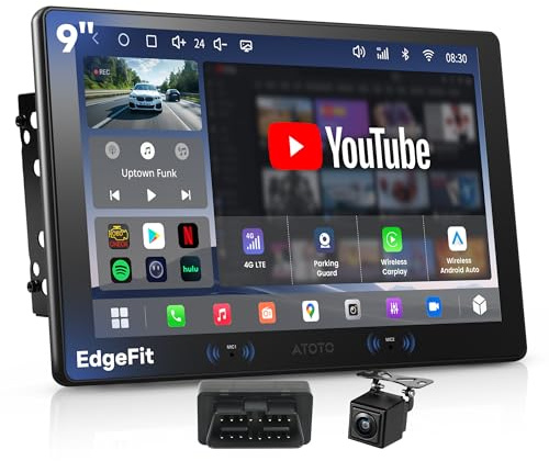 ATOTOEXCEL A7 Android 13 9 Inch Double DIN Car Radio, 8-Core 4G + 64G Main Unit with 4G LTE, Wireless CarPlay & Android Car, WiFi/Bluetooth Tethering, G-sensor, DSP, OBD Scanner, Reversing Camera