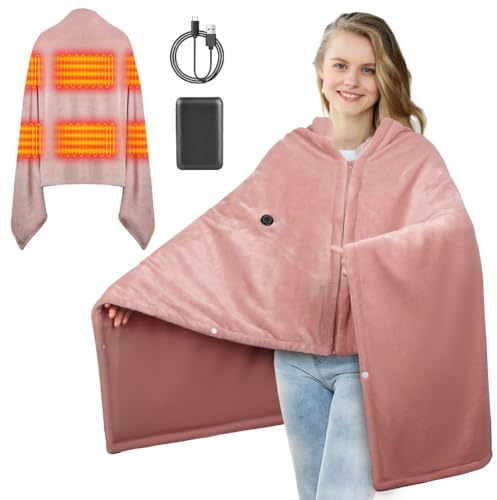 Heizdecke Kabellos mit 10000mAh Akku 160x90cm USB Elektrische Wärmedecke Heizdecke mit 6 Heizzonen und 3 Temperaturstufen (Rosa)