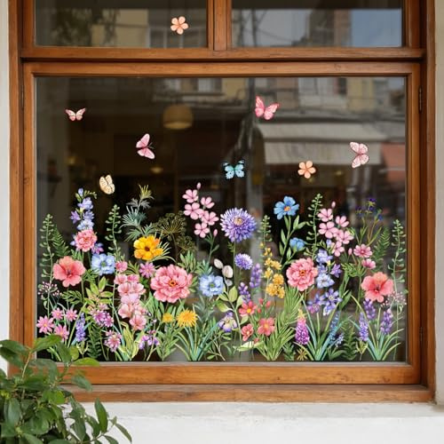 Supzone Fensterbilder Blumen Frühling Sommer Fensteraufkleber | Fensteraufkleber selbstklebend Wildblumen Aufprallschutz Dekoration für Fenster und Türen