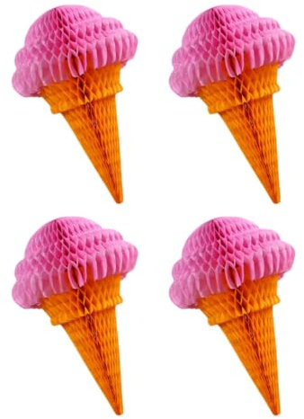 TOBBOMEY Decorazioni per Feste a Forma di Gelato in Carta Rosa 4 Pezzi Palle a Nido d'Ape Facili da Rimuovere e Decorare per Feste di Compleanno e Raduni Casalinghi