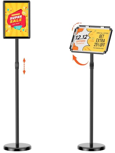 OUKMIC A4 Sign Stand Holder, Adjustable Poster Stand for Display, 1 Pack | Floor Standing, Heavy Duty Stable Base, Rounded Corner, 360° Rotatable, for Advertisement, Tradeshow, Business, Restaurant