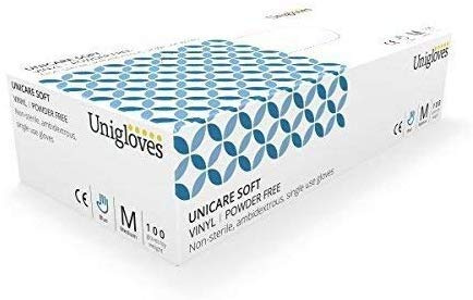 Caja de 100 Azul Libre de Polvo Suave Vinilo Guantes Desechables (por Unigloves) - Perfecto para Clínico, Comida y Barra Uso, Garajes y General bajo Riesgo Áreas - Azul, L - LARGE