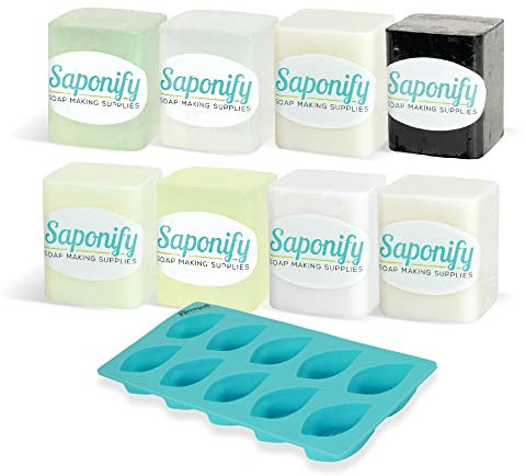 Saponify Seifendose, Sortenpackung, Nr. 1, 8 Steine (je 1 lb), Schmelzen und Gießen von Seife und Blattform – Sheabutter, Avocado-Butter, Kokosmilch, Olivenöl, Kohle, Aloe, klar, Weiß