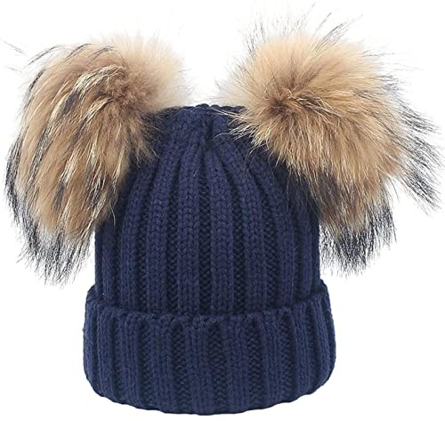 feifanshop Damen Unisex Wolle Mütze Strickmütze Fellbommel Groß Waschbär Fell Pelz Bommel Strick Mütze Winter-Mütze Bommelmütze