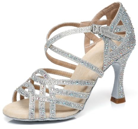 MINITOO Women's Ballroom Dance Shoes Glitter Rhinestones Salsa Latin Dancing Heels L357 Silver UK 6