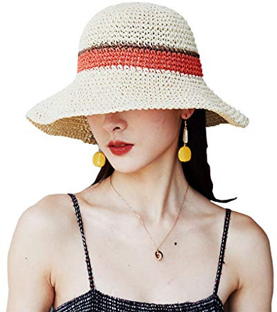 WITERY Trendy Women's Sun Hat Summer Straw Cap for Women Adjustable Summer Panama Fedora Wide Brim UPF 50+ Foldable Straw Beach Hat for Walking Fishing Travelling