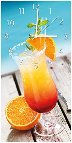 Wallario Design-Wanduhr Bunter Cocktail am Pool aus Glas, Motiv-Uhr Größe 30 x 60 cm, weiße Zeiger