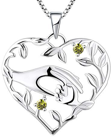 YL Mum Heart Necklace 925 Sterling Silver Mom Hold Child's Hand cut 12 Birthstone Cubic Zirconia Pendant Gifts for Mum Women