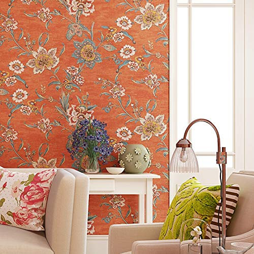 NGHSDO tapete American Style Orange Große Blumen-Wand-Papier-Vintage Retro Blumen Schlafzimmer-Dekor Tapete Murals Non Woven Tapete 724 (Color : Orange, Dimensions : 0.53mx9.5m)