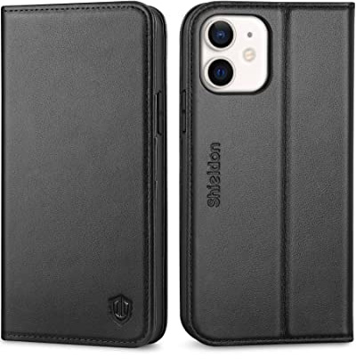 SHIELDON Echtleder Hülle für iPhone 12 / iPhone 12 Pro 6,1, Schwarz | RFID-Sperre, Kartenfach, Magnetverschluss, Stand, Stoßfeste TPU Case, Handyhülle, Schutzhülle, Lederhülle
