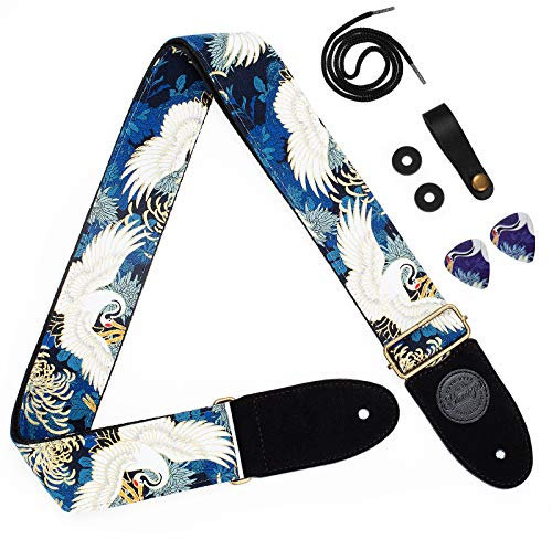 HIMALAYA Gitarrengurt Kran Japanisches traditionelles Muster Tsuru Canvas Baumwolle W/GRATIS BONUS - 2 Plektren + Gurtschlösser + Gurtknopf Für Bass, elektrische & akustische Gitarren Ein tolles