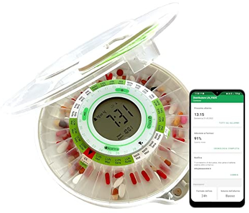 DOSECONTROL Dispensador de medicamentos automático inteligente,Modelo 2021,Transparente,Modelos de dosificación en italiano,2 cerraduras,Control remoto y monitorización a través de Android App