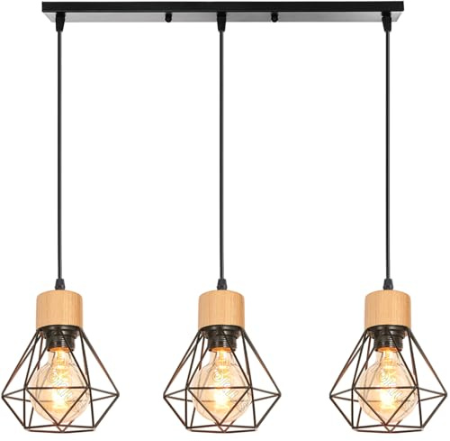 TOKIUS Lampada a Sospensione 3 Luci Industriale Plafoniera E27 Retro in Metallo e Legno Ø160mm Lampada da soffitto design per Cucina Salotto(B - Con Barra)