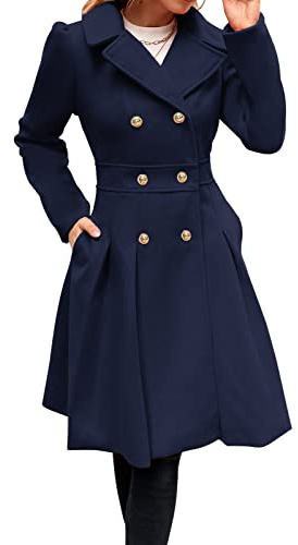 GRACE KARIN vintertrenchcoat, dam, lång puffärm, slag, krage, dubbelknäppt duffel, A-linje Peacoat, marinblå, L