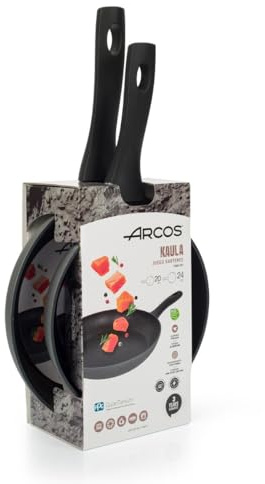 Arcos Serie Kaula | Lote de Sartenes 20 y 24 cm | Aluminio Forjado | Recubrimiento QuanTanium | Apta cualquier cocina | Mango Efecto Frio | Sistema ahorro energético | Apta lavavajillas | Color Negro | Recubrimiento QuanTanium, apta para cualquier cocina. Mango efecto frío, ahorro, lavavajillas. Negro.