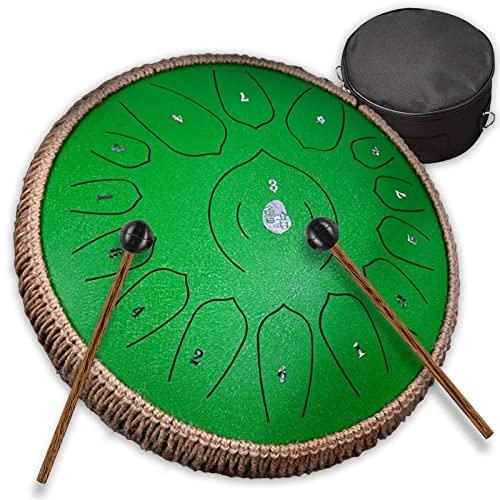 Stahlzungentrommel C-Dur 15 Töne 13 Zoll Hand Pan Drum Percussion Schlagzeug Instrument Schlaginstrument Mit Reisetasche Schlägel Für Musik Bildung Meditation Yoga,Grün