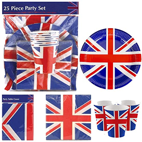 ZOPPER Union Jack Party Tableware Set (25 Pieces) – UK Flag Plates, Cups, Napkins & Table Cover – King Charles Coronation Decorations, British Jubilee Street Party Supplies