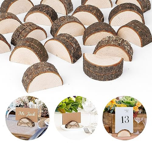 estcoo Weihnachten Holz Tischkartenhalter Set,20 Stück Holzsteg Kartenhalter mit 20 Stück Karte aus Kraftpapier und 50m Natürliches Juteseil Memohalter Sitzkartenhalter für Hochzeit Weihnachtenparty