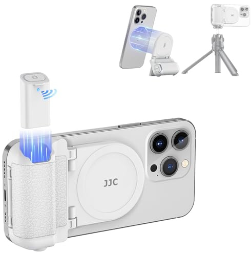 JJC Impugnatura magnetica per telefono con telecomando Bluetooth, impugnatura per fotocamera e smartphone iPhone, Android, supporto da scrivania e treppiede, colore bianco